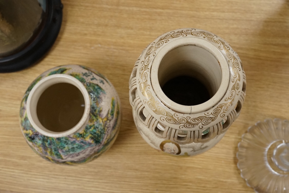 A Japanese satsuma vase and a Japanese earthenware vase, tallest 34.5cm